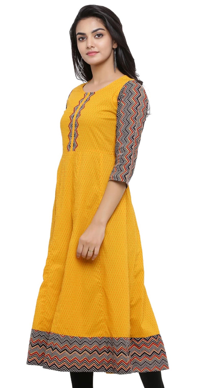 Yash Gallery Indian Cotton Geometric Print Anarkali Kurtis for Women (Mustard Yellow) - Image 2
